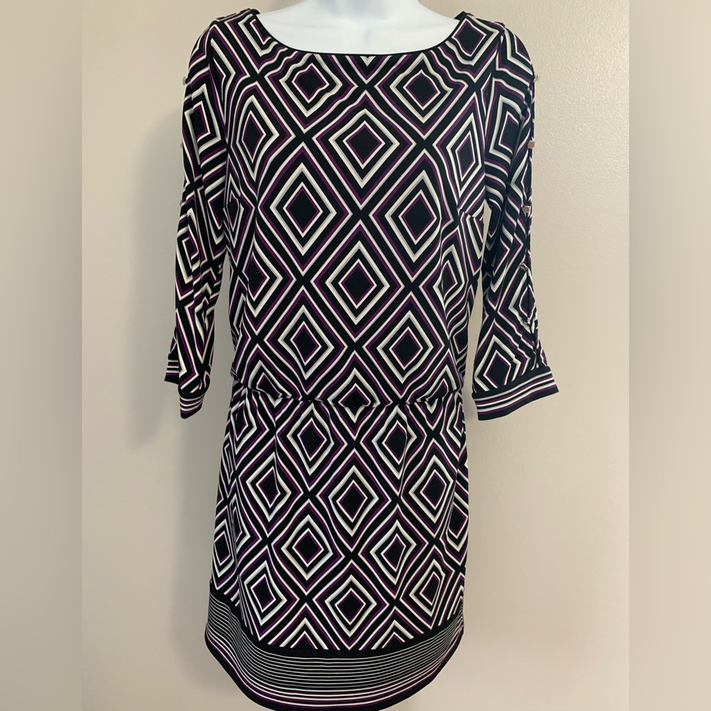 White House Black Market Geometric Print Black & White and Purple Dress